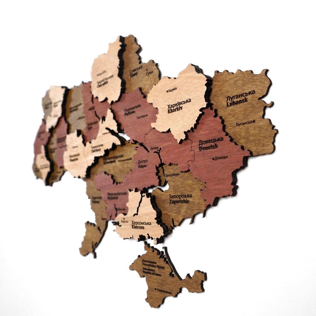 Large Ukraine wooden wall map cropped on the east, with Kharkiv, Luhansk and Donetsk oblast panels