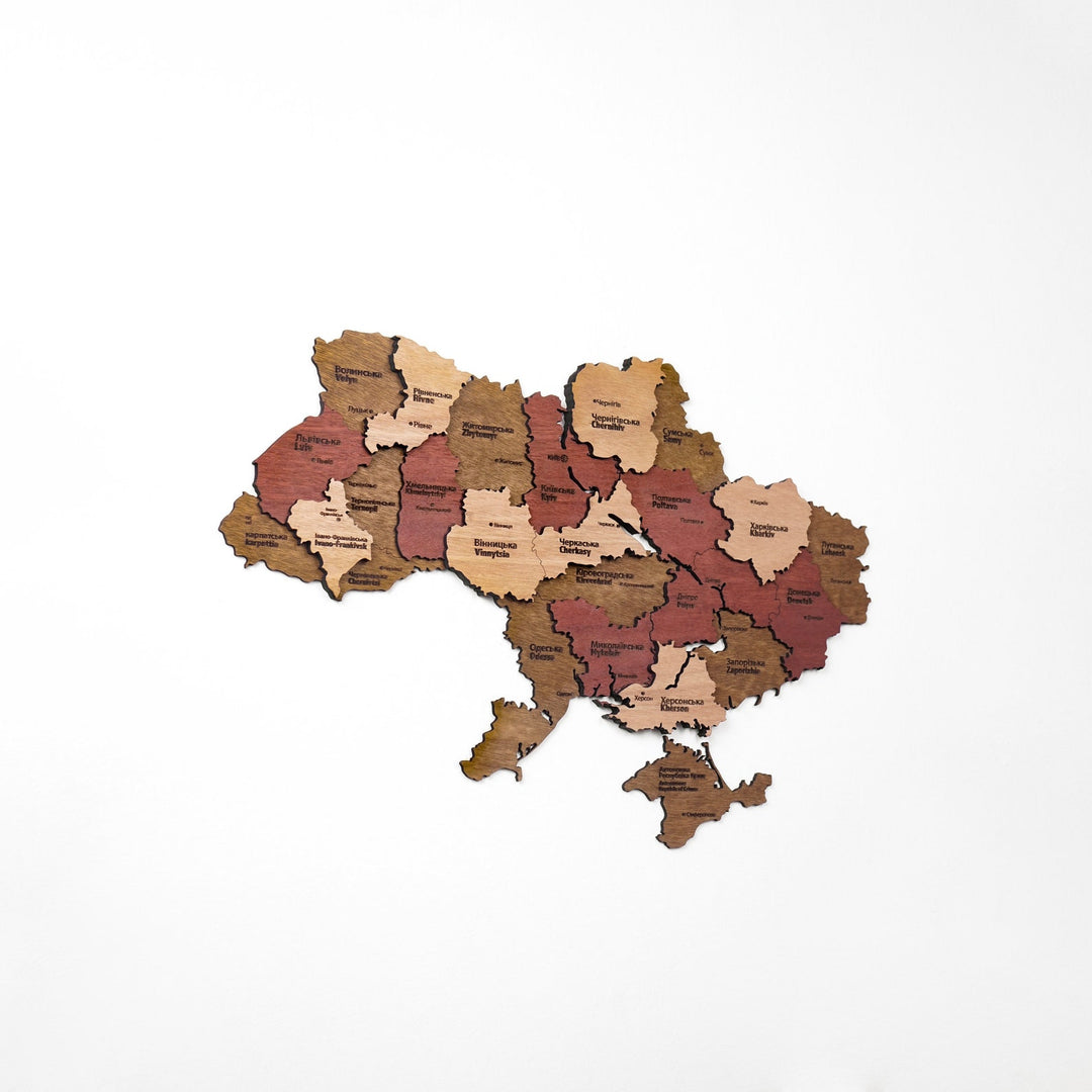 Small Ukraine wooden wall map on a white wall with generous empty space around it