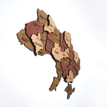 Ukraine wooden wall map from a steep side angle, showing the raised oblast layers