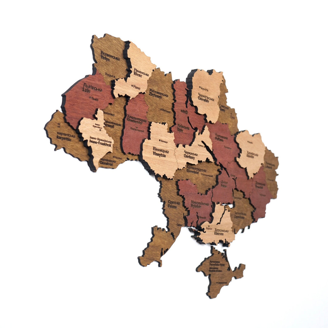 Tall view of the Ukraine wooden wall map from a slight left angle, filling most of the frame