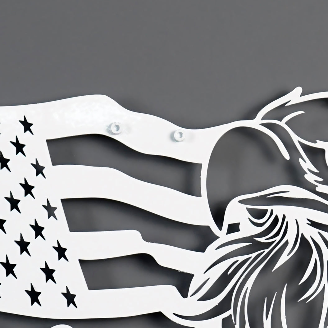 Close-up of white metal flag stripes, stars and eagle feathers on the We The People wall art
